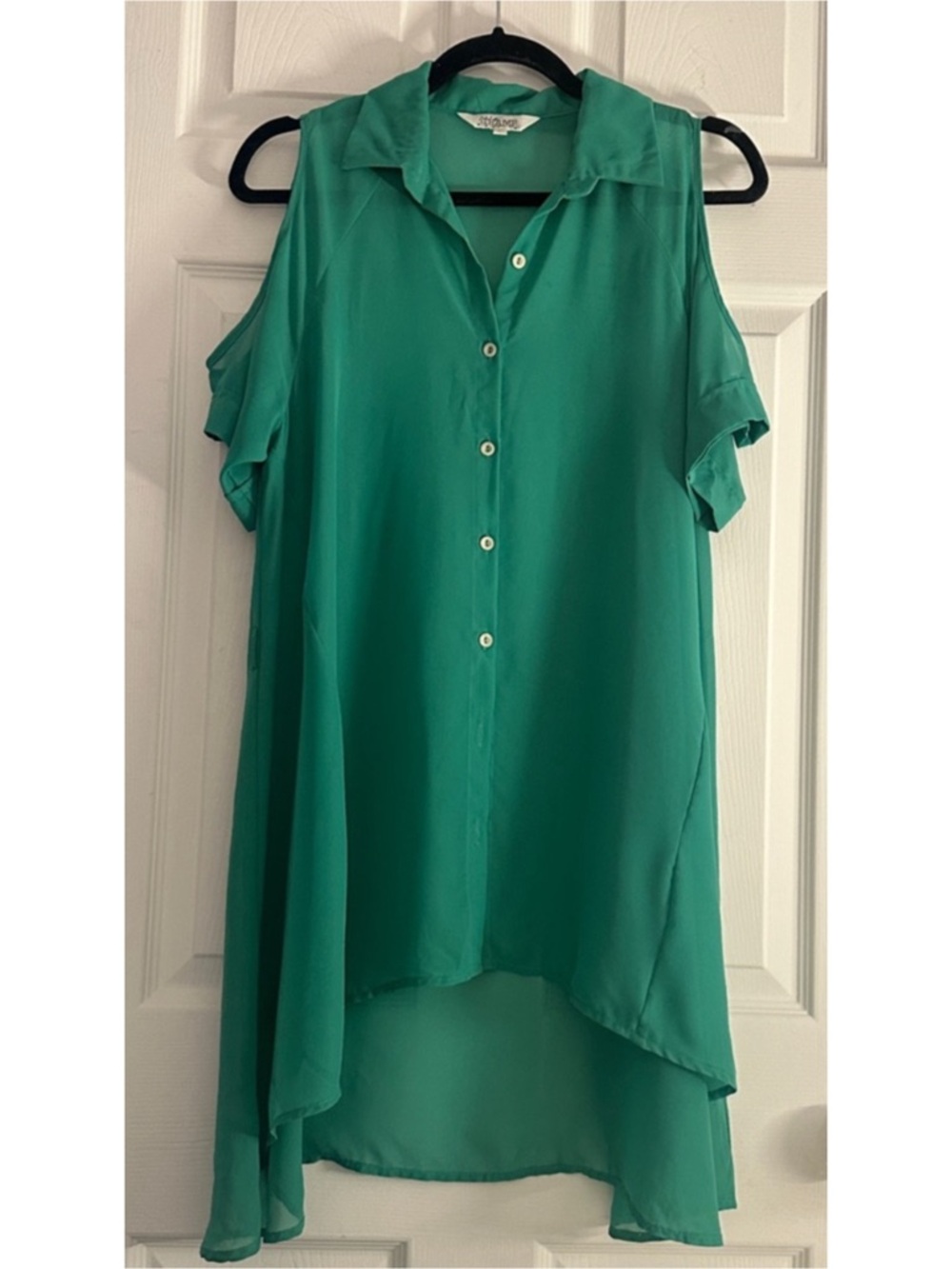 Sheer High Low Flared A Line Short Sleeved Cold Shoulder Mini Button Dress/Shirt